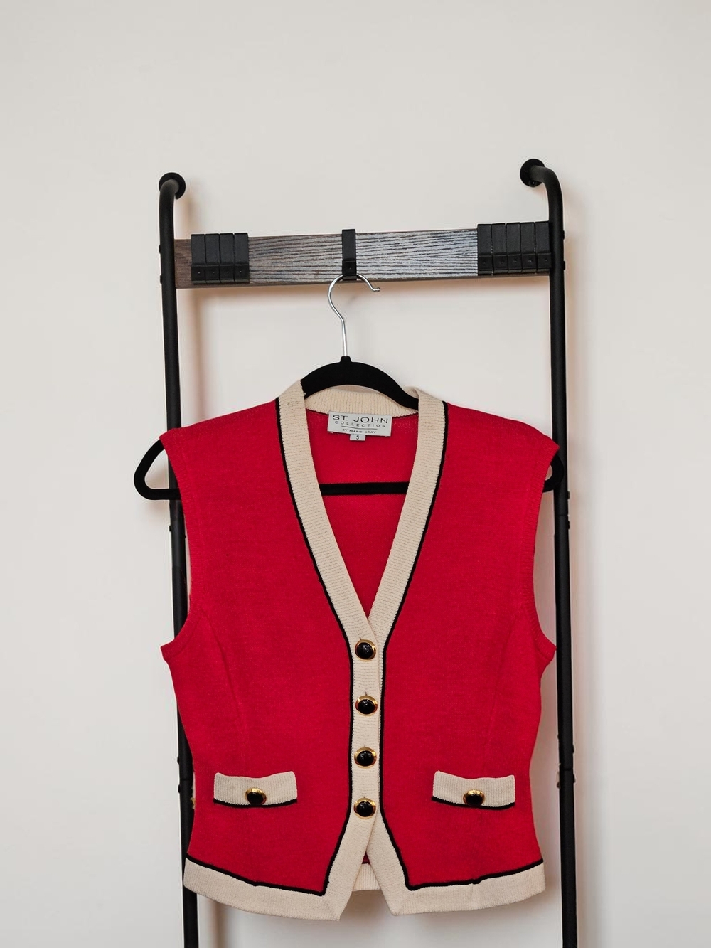 St. John Red Knit Buttoned Vest with Cream Trim